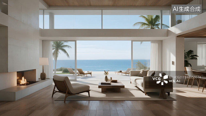 【AI数字艺术】现代海滨别墅客厅全景图片素材