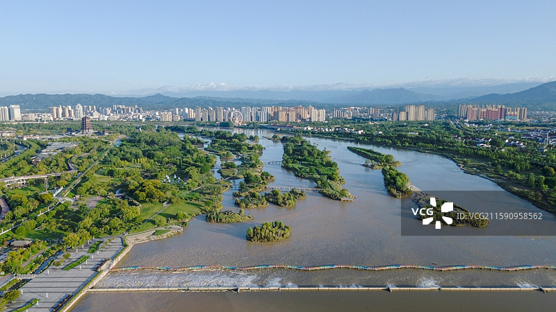 陕西省汉中市汉台区天汉湿地公园滨江新区天汉楼南水北调全景航拍图片素材