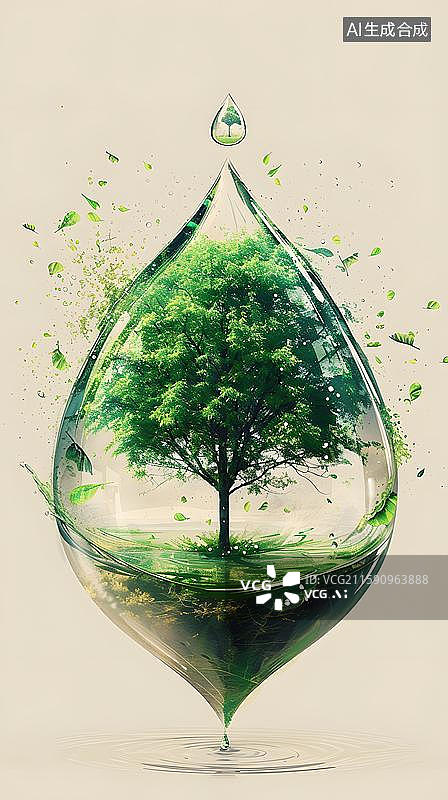 【AI数字艺术】水滴中的绿色世界 晶莹剔透的生命之源  可持续发展环保地球概念场景  水滴中的绿色小树图片素材