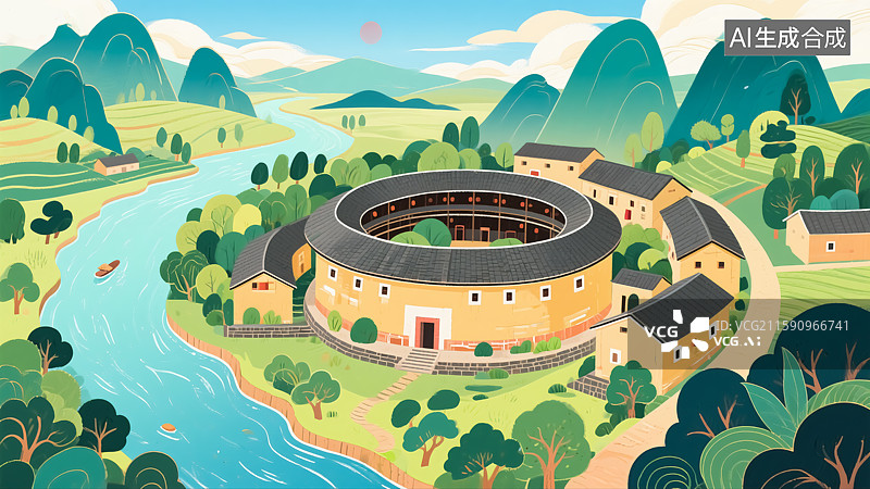 【AI数字艺术】田园土楼建筑插画图片素材