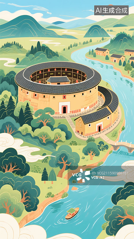 【AI数字艺术】田园土楼建筑插画图片素材