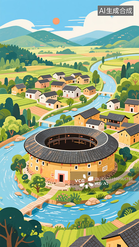 【AI数字艺术】田园土楼建筑插画图片素材