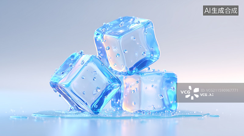 【AI数字艺术】3D蓝色冰块堆叠场景图片素材