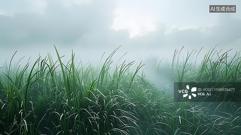 【AI数字艺术】雾锁草甸的静谧之境 绿野仙踪的朦胧诗意  晨雾笼罩的翠绿草原   雾中草海，朦胧静谧图片素材