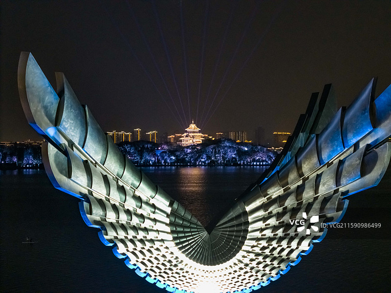 航拍苏州工业园区金鸡湖繁荣夜景-江苏苏州图片素材