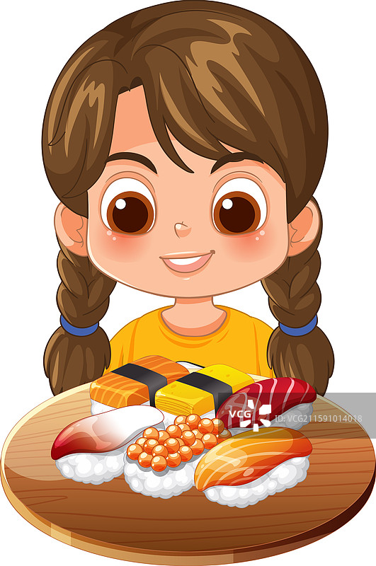 微笑的孩子与美味的寿司拼盘图片素材