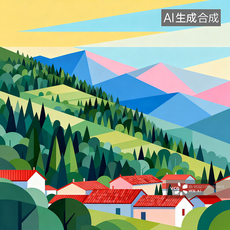 【AI数字艺术】扁平风格的山谷小镇插画,几何造型塑造层叠的山峦、茂密的树林与红瓦村落，天空呈现暖黄到浅蓝的渐变图片素材