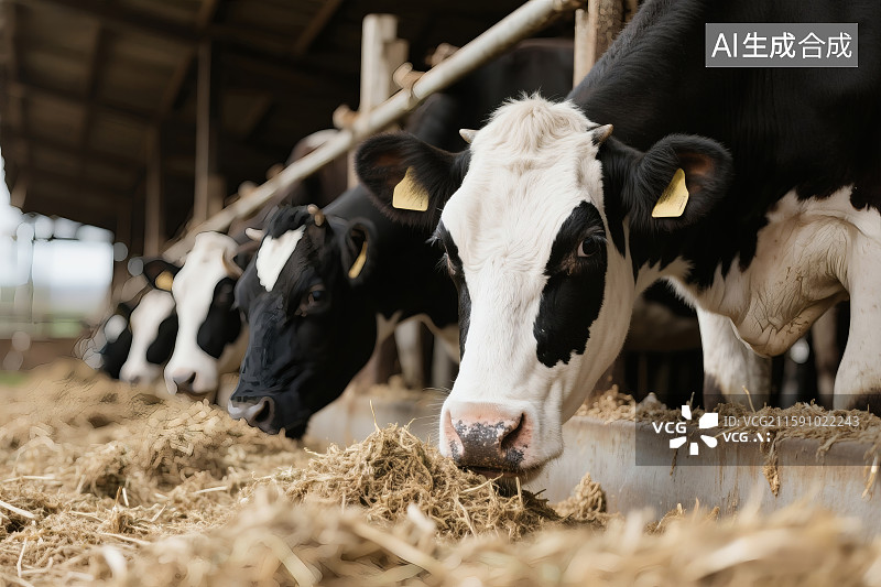 【AI数字艺术】农场牛棚中的奶牛正在吃干草饲料图片素材
