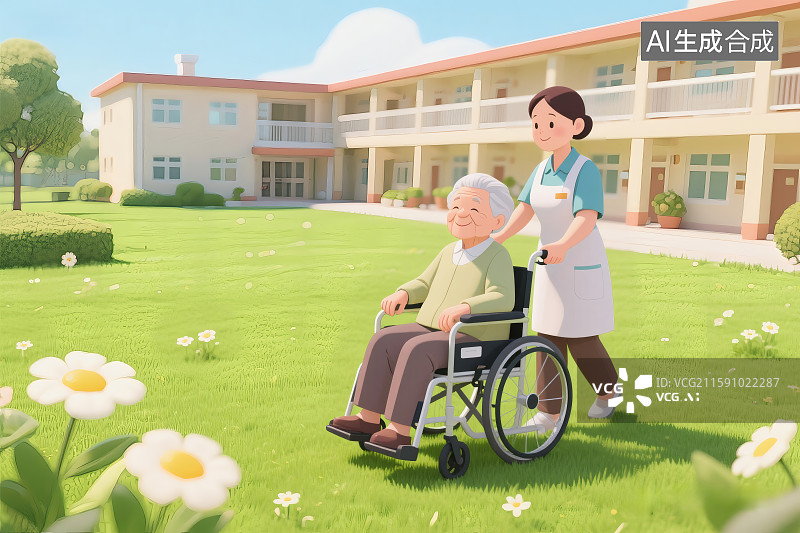 【AI数字艺术】阳光明媚的天气，养老院中，一名护工推着老人在草地上呼吸新鲜空气图片素材