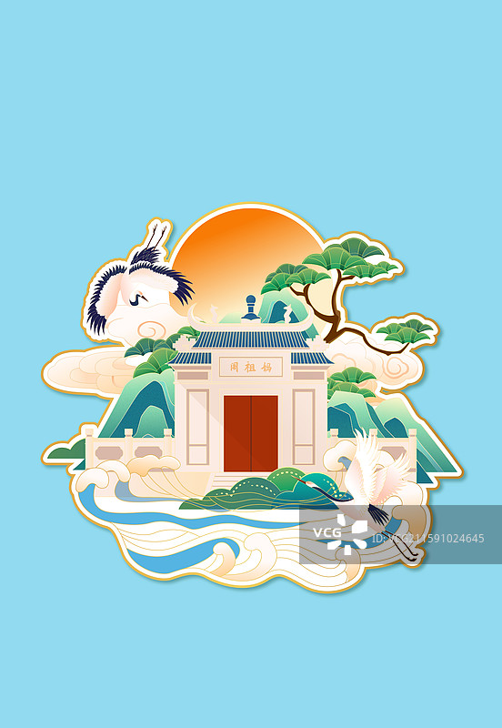 国风澳门城市地标建筑冰箱贴矢量插画图片素材