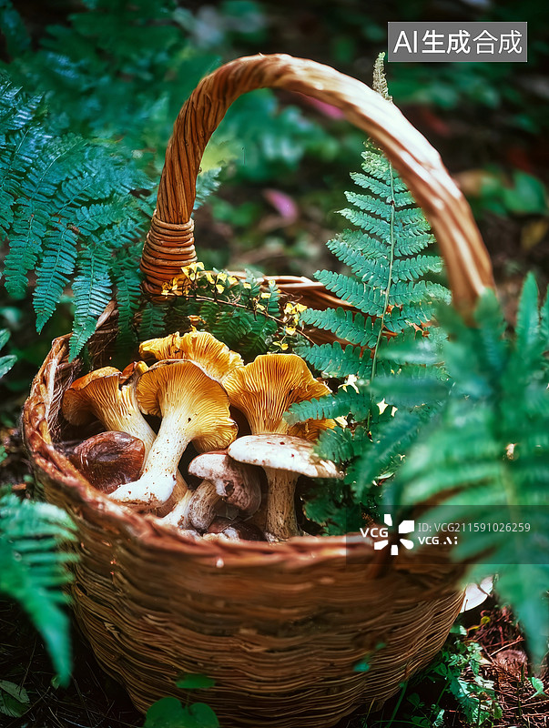 【AI数字艺术】编织篮中的野生菌和蕨类植物图片素材