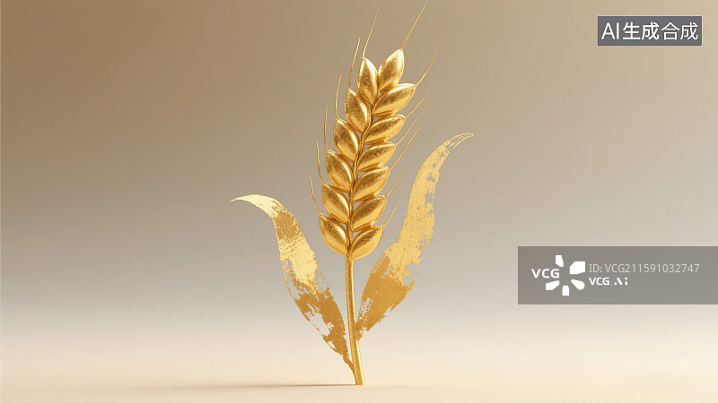 【AI数字艺术】金黄色小麦麦穗颗粒饱满秋天收获 黄金质感金属光泽3D三维立体创意插画 清新华丽富足大丰收简洁高雅图片素材