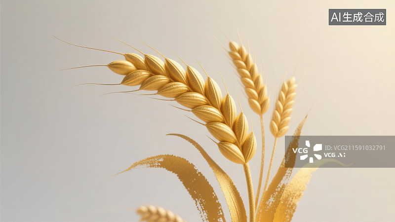 【AI数字艺术】金黄色小麦麦穗颗粒饱满秋天收获 黄金质感金属光泽3D三维立体创意插画 清新华丽富足大丰收简洁高雅图片素材