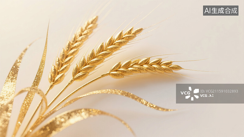 【AI数字艺术】金黄色小麦麦穗颗粒饱满秋天收获 黄金质感金属光泽3D三维立体创意插画 清新华丽富足大丰收简洁高雅图片素材