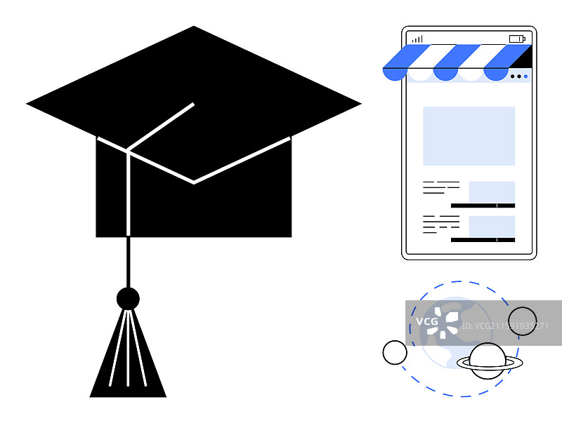 带有在线网页和全球元素的毕业帽图片素材