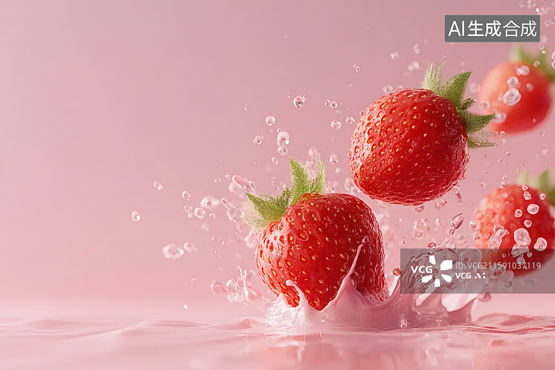 【AI数字艺术】粉色背景，新鲜采摘的草莓，草莓汁饮料，左上角留白图片素材
