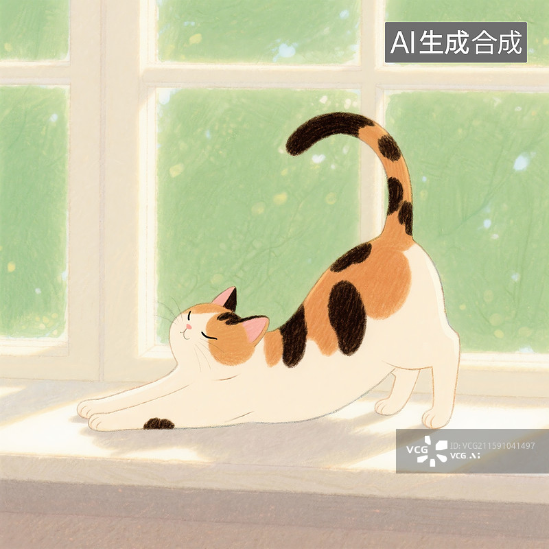 【AI数字艺术】绘本插画，一只三花猫在洒满阳光的窗台上惬意地伸着懒腰，后背拱起，眼睛舒服地眯成一条缝。图片素材