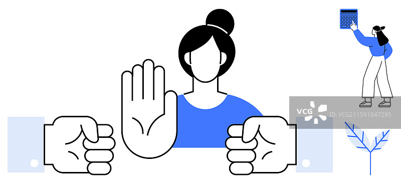 女人举手发出警告手势，双拳紧握图片素材