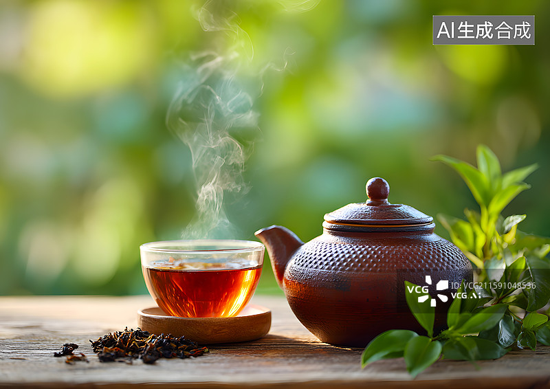 【AI数字艺术】茶桌上一把茶壶在泡茶图片素材