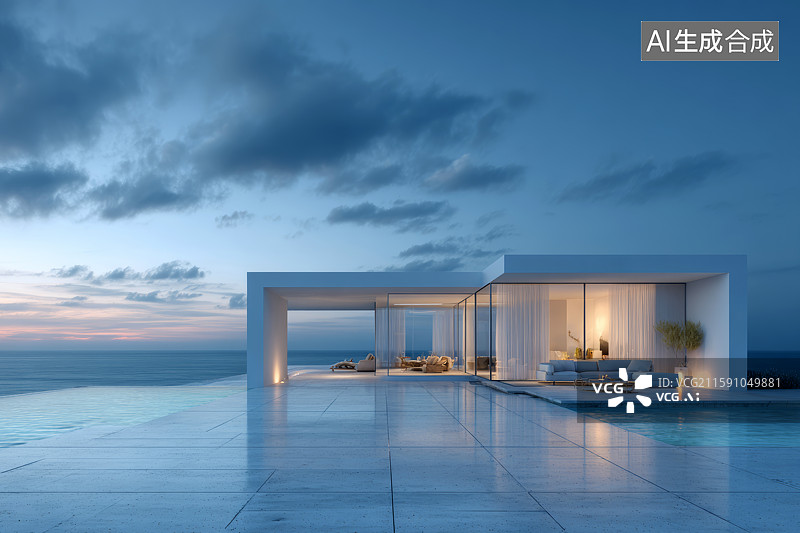 【AI数字艺术】暮色中海景现代简约住宅图片素材