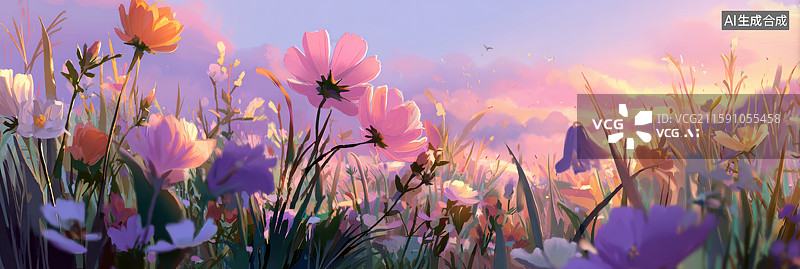 【AI数字艺术】美丽野花田彩色花朵粉色波斯菊黄色雏菊橙色万寿菊在温暖阳光油画壁纸装饰画梦幻宁静氛围创意设计背景图片素材