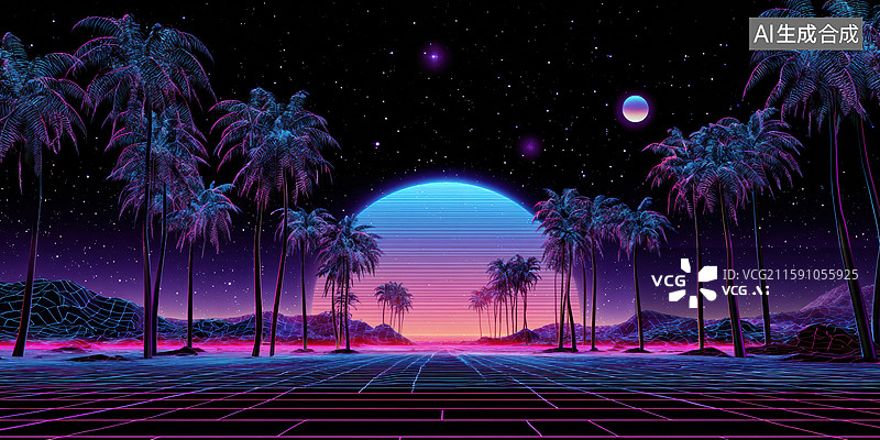【AI数字艺术】复古未来主义霓虹网格背景配粉色蓝色数字美学特色棕榈树和发光星球合成波风格抽象空间背景创意设计项目图片素材