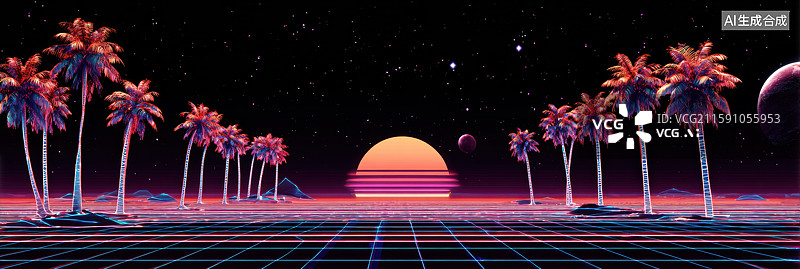 【AI数字艺术】复古未来主义霓虹网格背景配粉色蓝色数字美学特色棕榈树和发光星球合成波风格抽象空间背景创意设计项目图片素材
