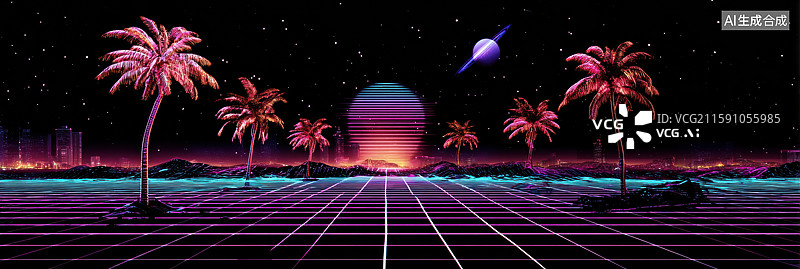 【AI数字艺术】复古未来主义霓虹网格背景配粉色蓝色数字美学特色棕榈树和发光星球合成波风格抽象空间背景创意设计项目图片素材