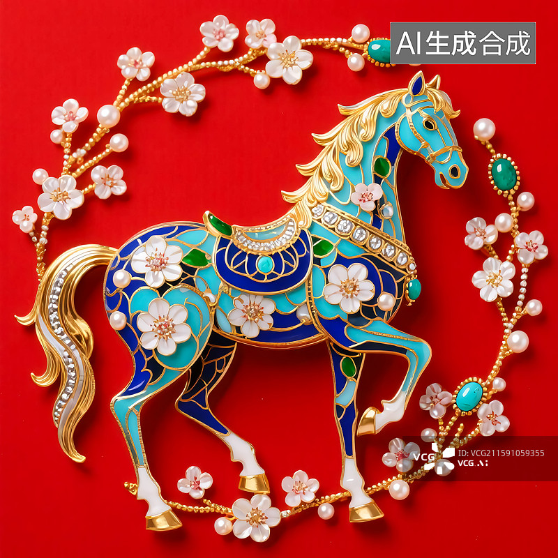 【AI数字艺术】马踏春风景泰蓝国潮风插画图片素材