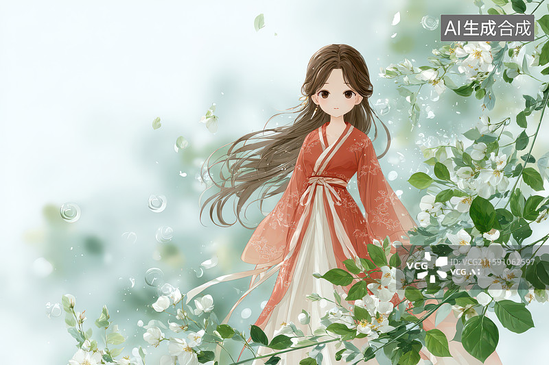 【AI数字艺术】红袍女子花丛中立清新梦幻图图片素材