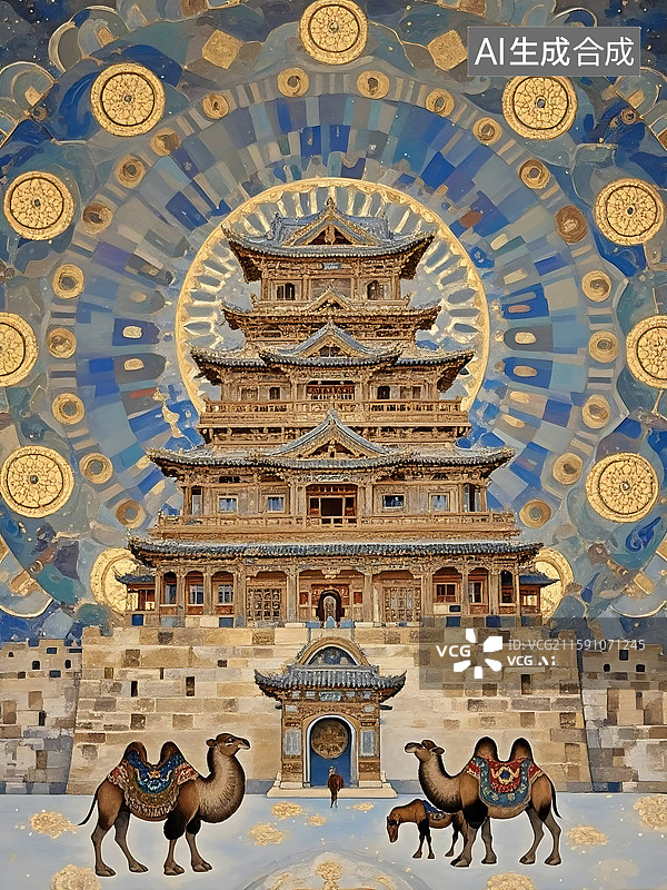 【AI数字艺术】精美建筑与双峰骆驼图片素材