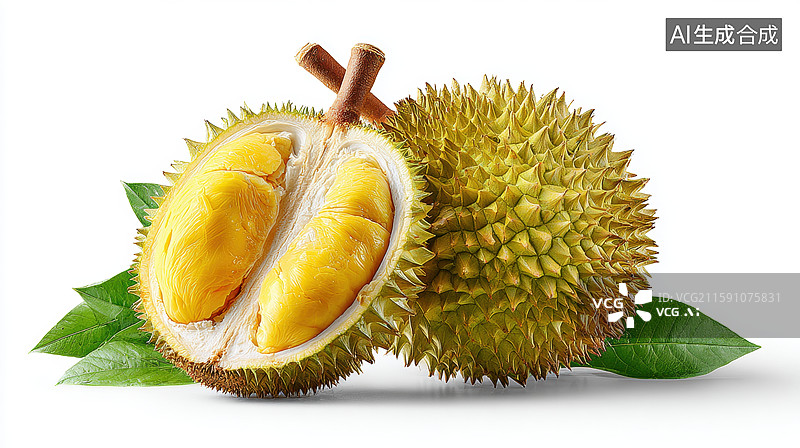【AI数字艺术】新鲜榴莲果实 一半切开展示果肉图片素材