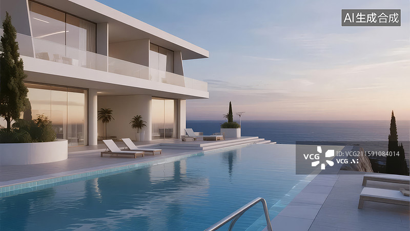 【AI数字艺术】现代海滨别墅与无边泳池图片素材