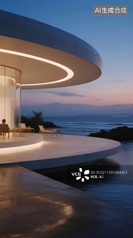 【AI数字艺术】现代海滨别墅的弧形露台设计图片素材