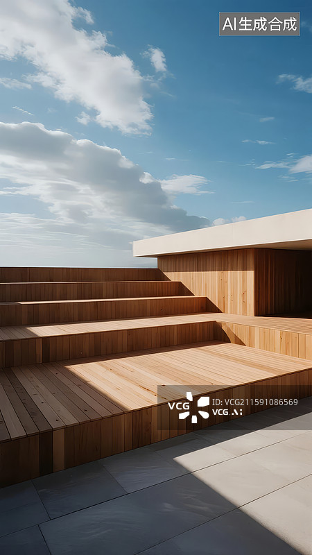 【AI数字艺术】木质台阶与现代建筑的光影交错图片素材