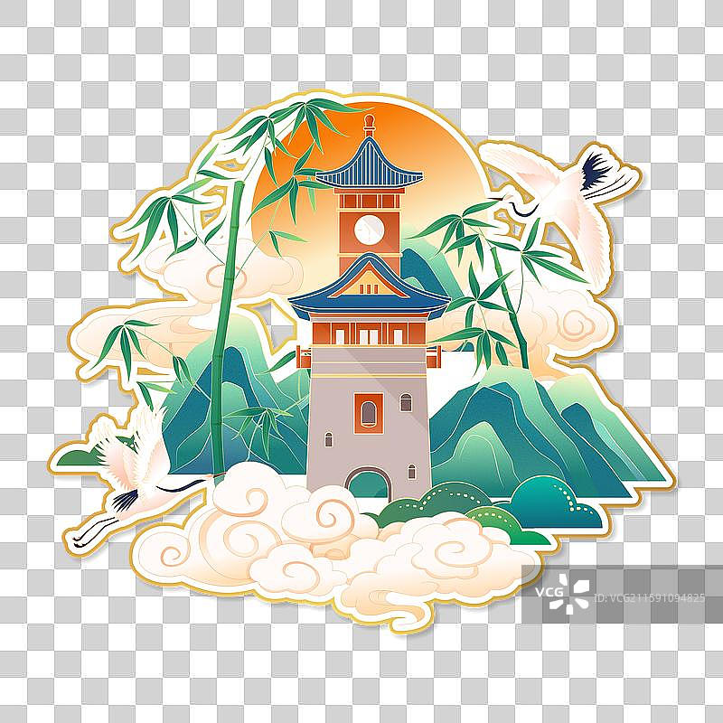 国风成都城市地标建筑冰箱贴插画图片素材