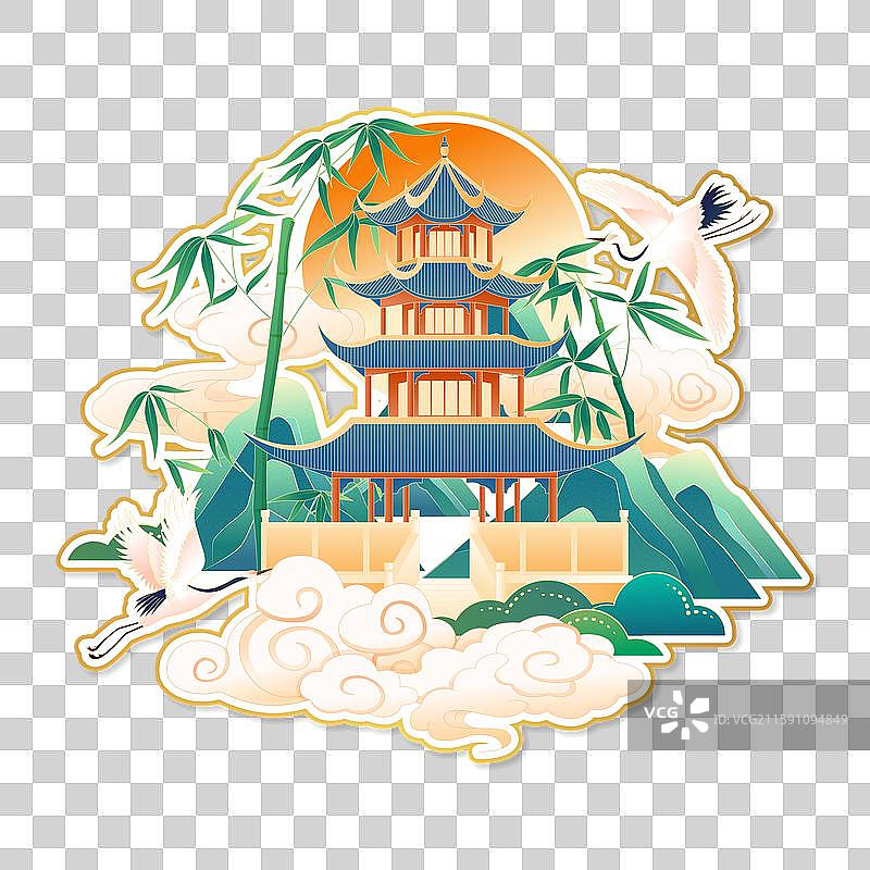 国风成都城市地标建筑冰箱贴插画图片素材