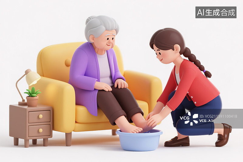 【AI数字艺术】年轻女人给老人洗脚3d插画图片素材