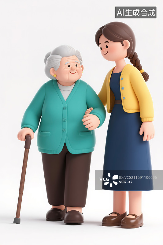 【AI数字艺术】年轻女人搀扶着一个老太太3d插画图片素材