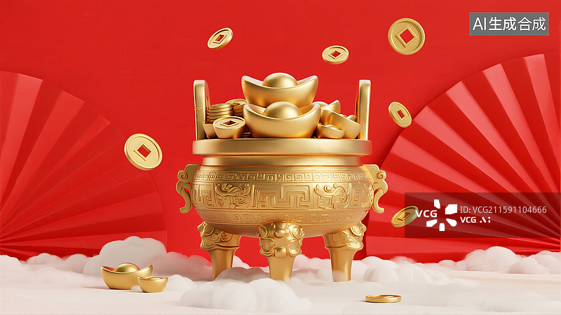 【AI数字艺术】金色鼎装着一些金元宝和钱币图片素材