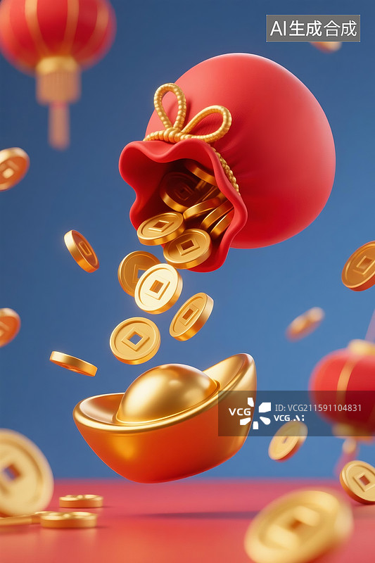 【AI数字艺术】红色钱袋口倒出金色铜钱元宝图片素材