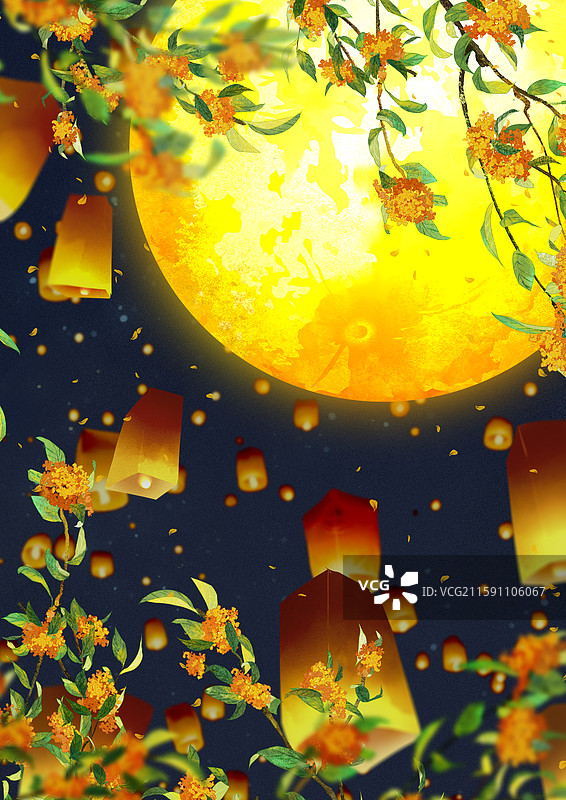 中秋节月亮夜晚桂花孔明灯祈福庆浪漫场景图图片素材