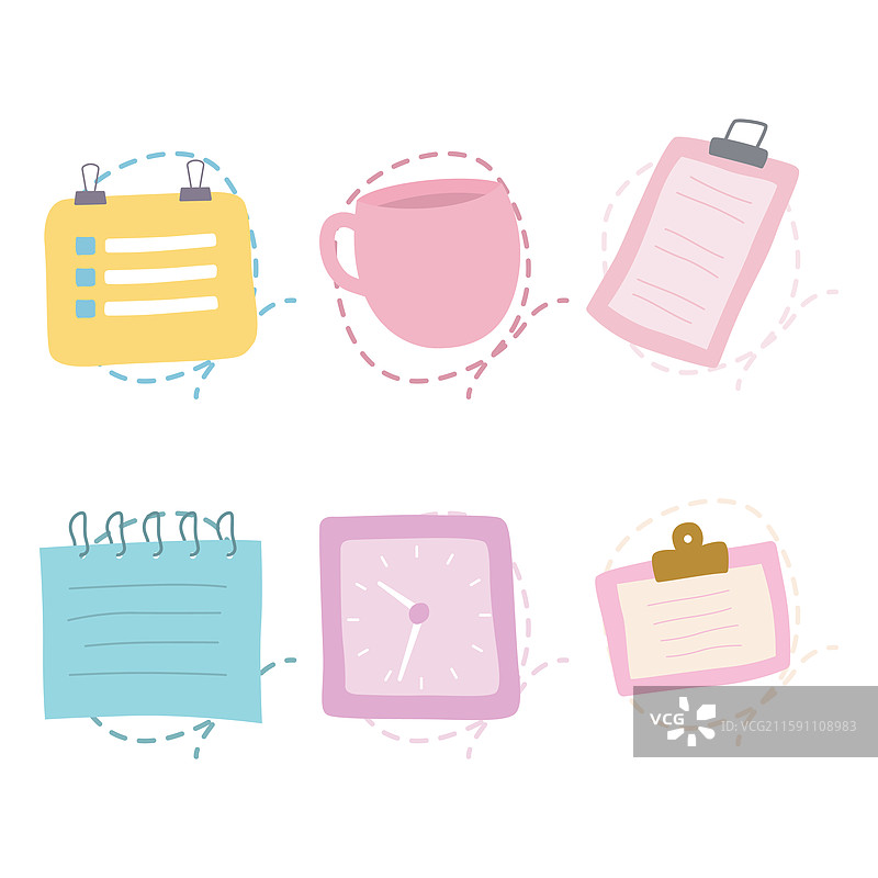 柔和色调的办公学校文具元素套装图片素材