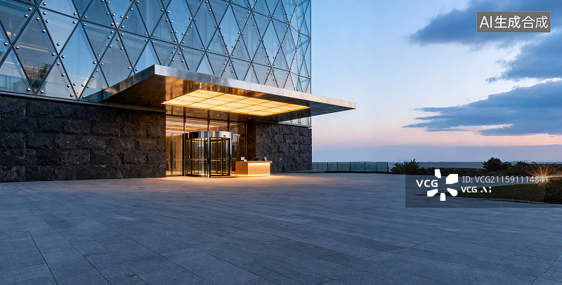 【AI数字艺术】现代简约风格玻璃建筑，汽车广告背景图图片素材