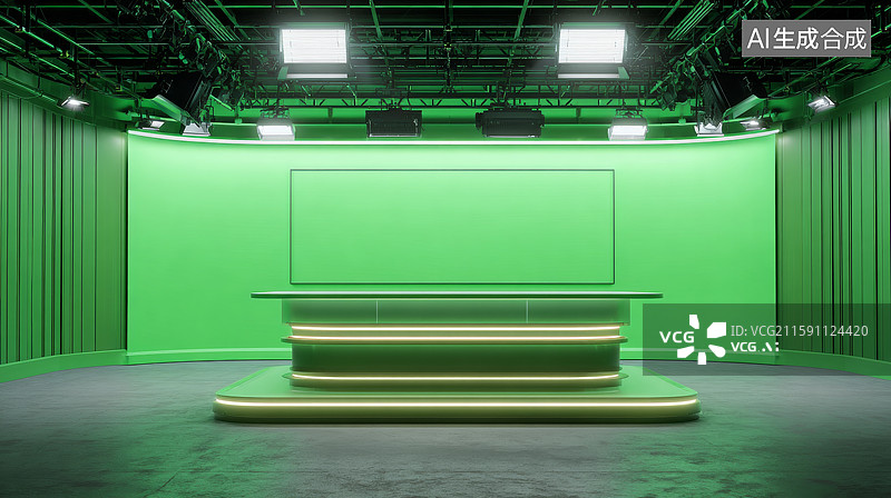 【AI数字艺术】绿色演播室内部场景图片素材