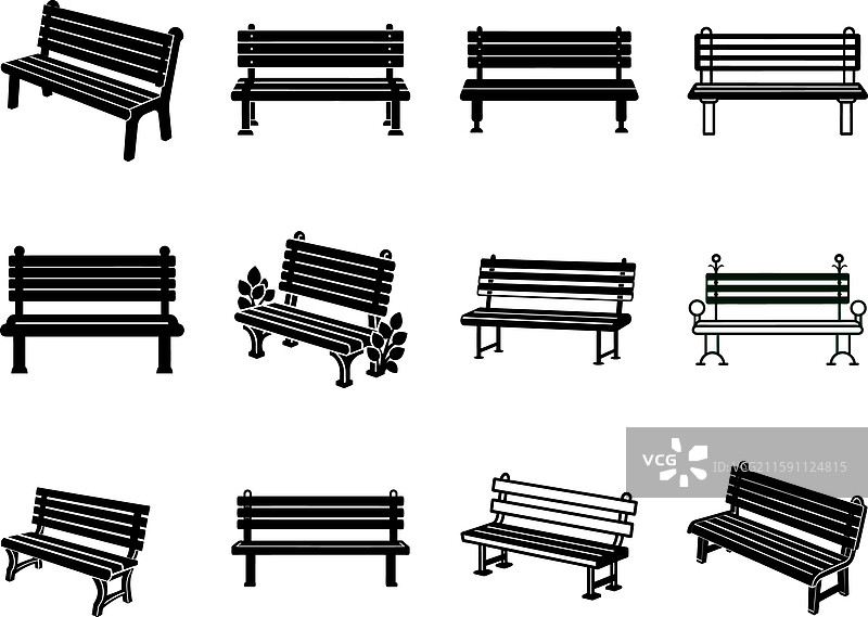 12种不同风格的黑色剪影公园长椅图标图片素材