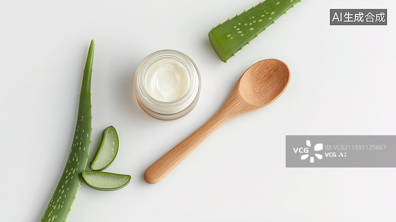 【AI数字艺术】芦荟切片与木勺旁的护肤霜图片素材