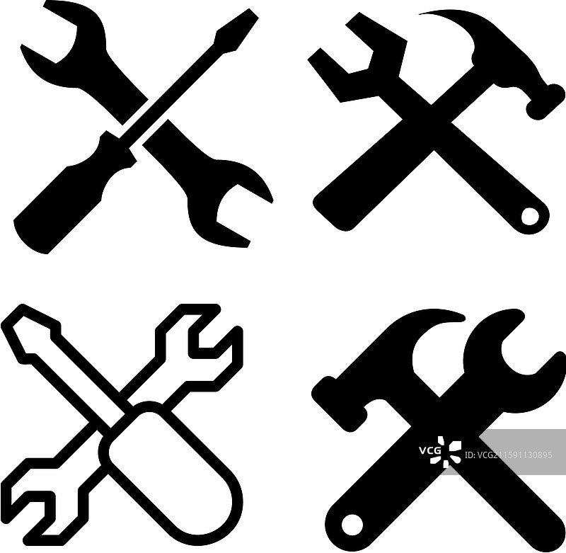 扳手、螺丝刀和锤子图标集在白色背景上图片素材