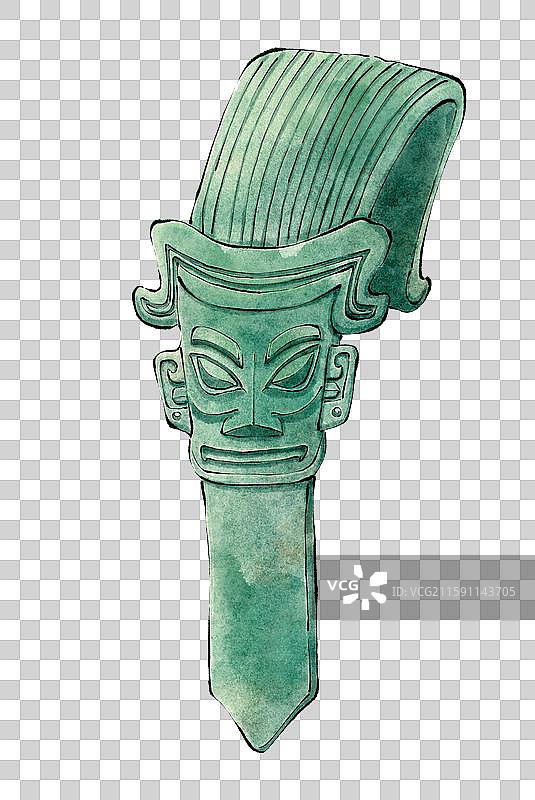 四川三星堆遗址文物 戴立冠青铜人头像水墨插画免抠元素图片素材