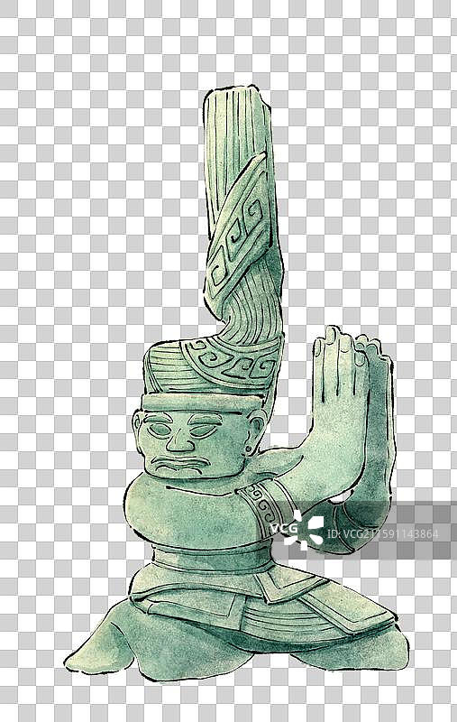 四川三星堆遗址文物 青铜扭头跪坐人像水墨插画免抠元素图片素材
